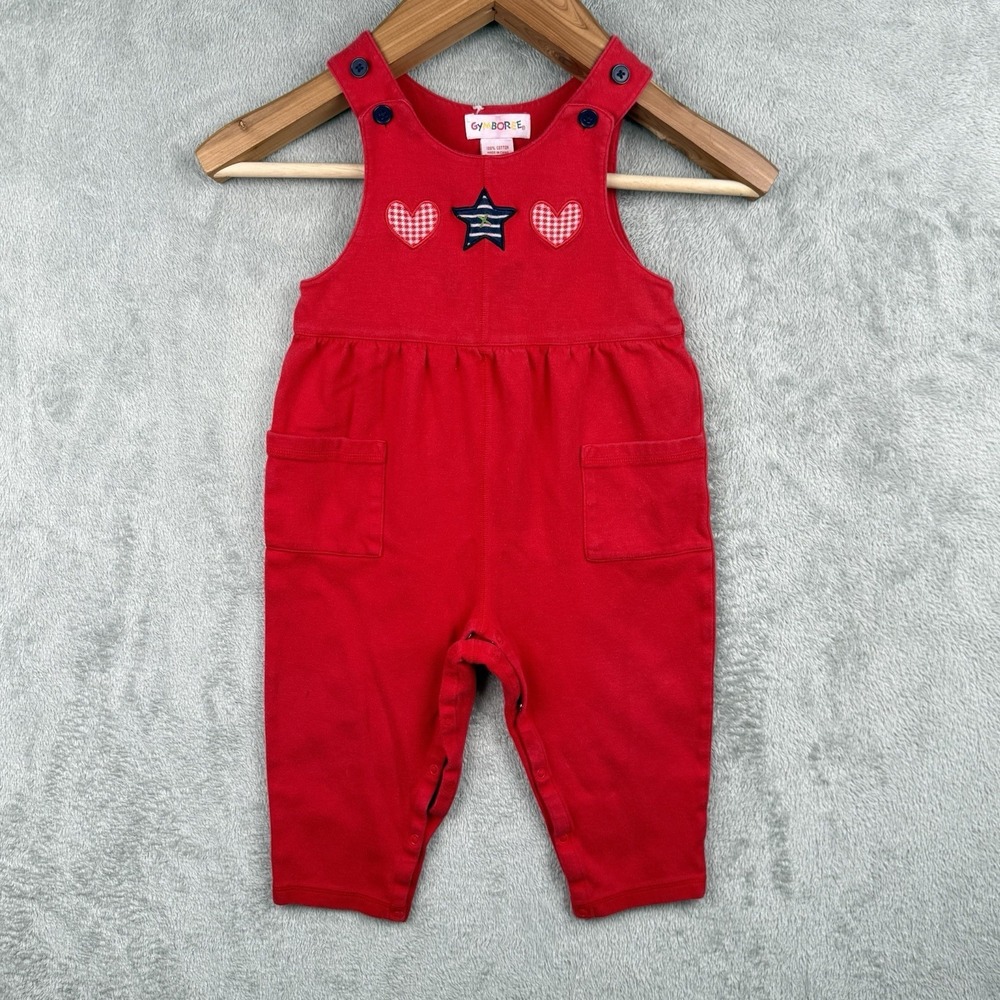 Gymboree Overalls Baby Girl Small 12-24 Month Red Embroidered Heart 90s Vintage
